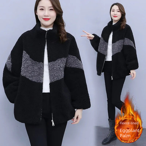 Lambskin coat for women, Korean style, new for autumn and winter, European and American style, cross-border Amazon, trendy, youthful, color-blocked overcoat