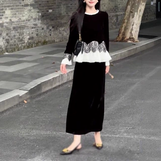 法式赫本风黑色拼接蕾丝上衣半身裙两件套2026春秋新款时尚套装女