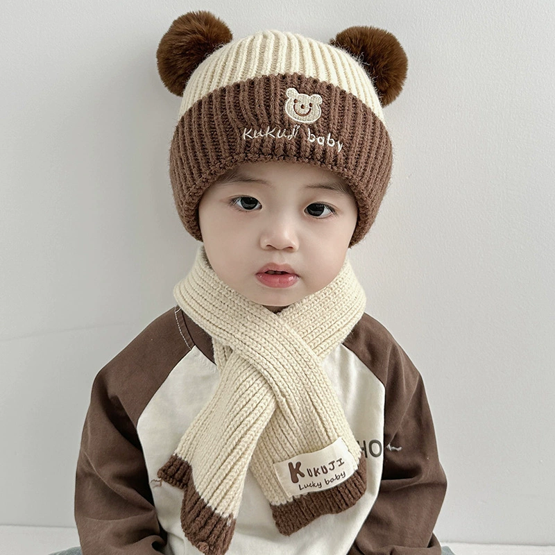 Children's Knit Hat & Scarf Set - Thick Demi-Season Warmth, Bear Patch, Cozy Knit, Color Options