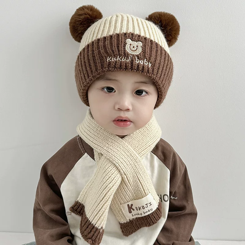 Children's Knit Hat & Scarf Set - Thick Demi-Season Warmth, Bear Patch, Cozy Knit, Color Options