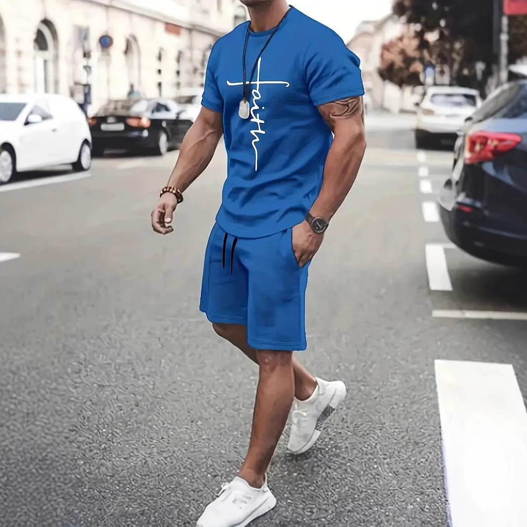 Мужской летний повседневный спортивный костюм с круглым вырезом и коротким рукавом, шорты с 3d цифровой печатью, комплект из двух предметов AliExpress