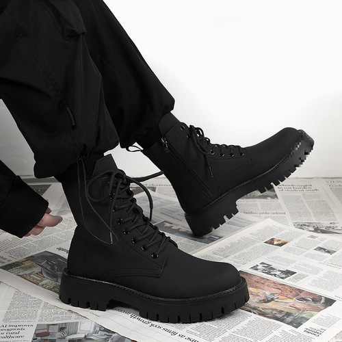 Men's Martin Boots, British-style Black High-top Leather Shoes, New Mid-top Biker Boots, Men's Height-increasing Leather Boots