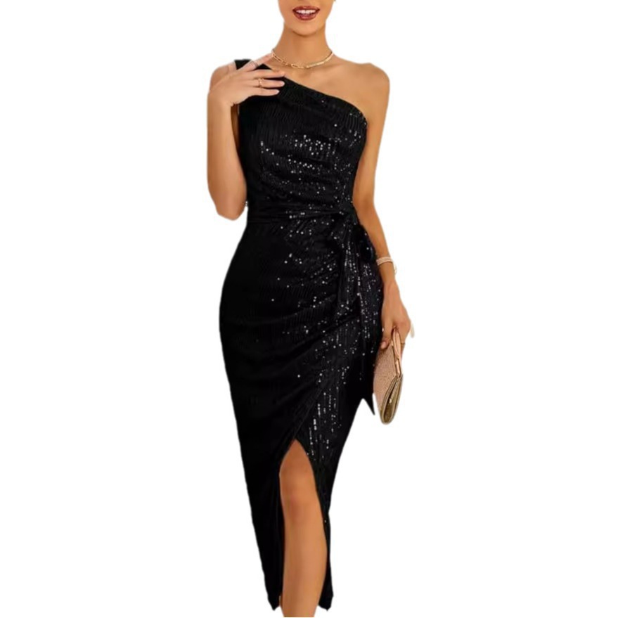 Vestido de lentejuelas de un solo hombro sin mangas para mujer Vestido cruzado brillante brillante Vestido de boda de cóctel con puntas abiertas