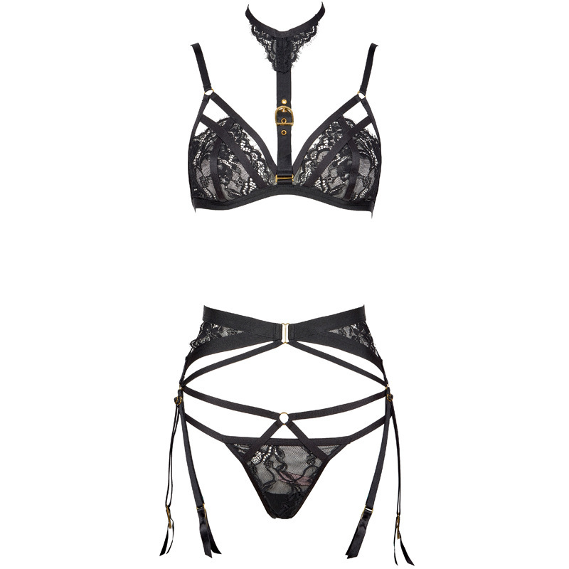 FQ2768 design sense of personality lace sexy underwear detachable hanging neck gathered bra thong garter belt