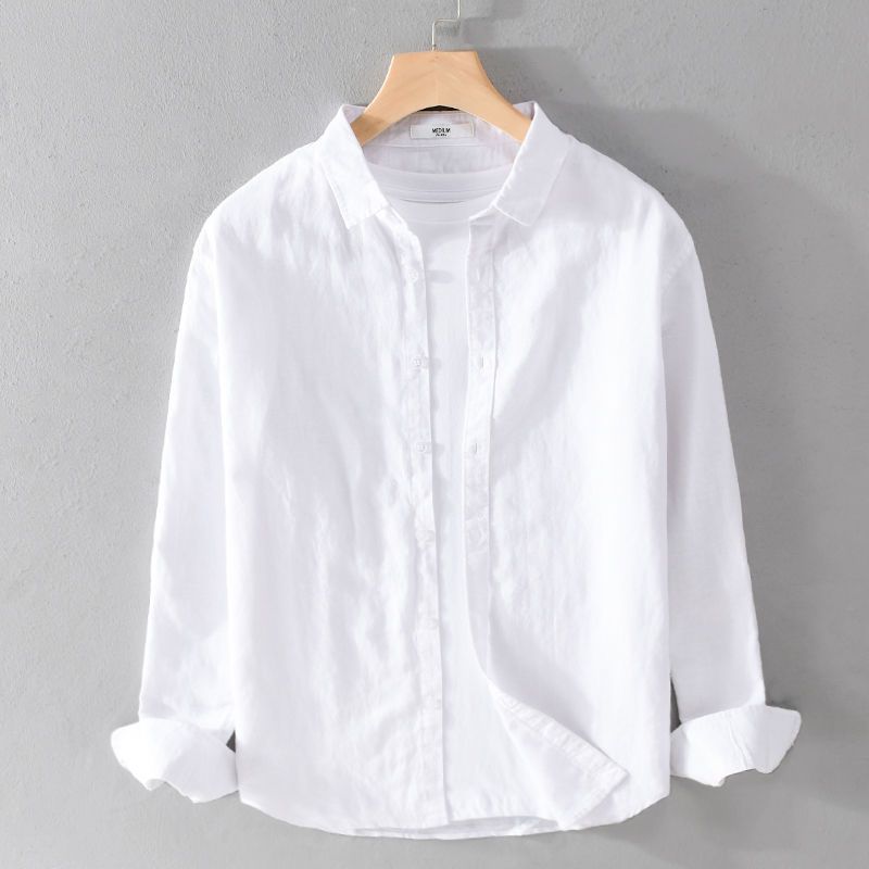 Camisa de lino blanco para hombre de manga larga casual solapa suelta joven japonés transpirable algodón lino camisa en pulgadas de moda masculina