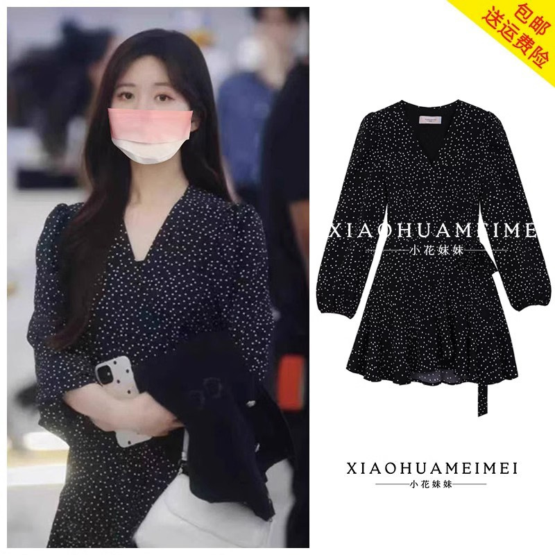 Black Polka Dot Long Sleeve Chiffon dress Women's Early Autumn French V-neck Puff Sleeve Elegant Slim Look Short A- line Skirt Black Polka Dot Long Sleeve Chiffon dress Women's Early Autumn French V-neck Puff Sleeve Elegant Slim Look Short A- line Skirt