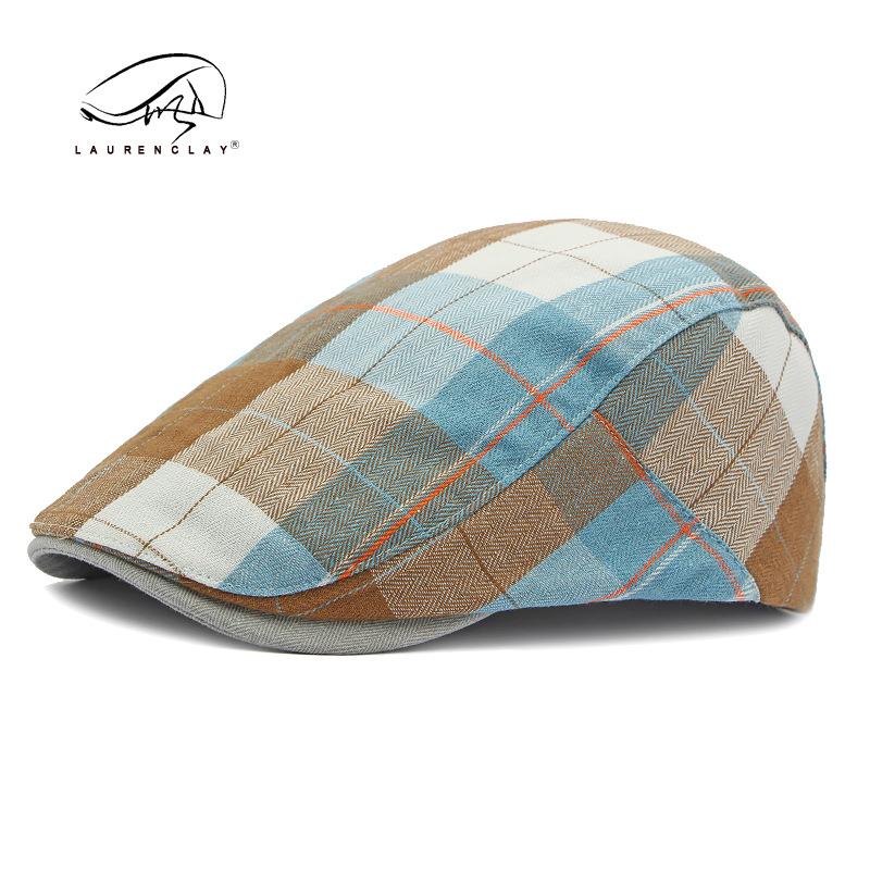 Boina de las mujeres de primavera y verano Delgado transpirable casquillo enarbolado de los hombres artístico retro Plaid sombrero delantero Plaid pintor sombrero