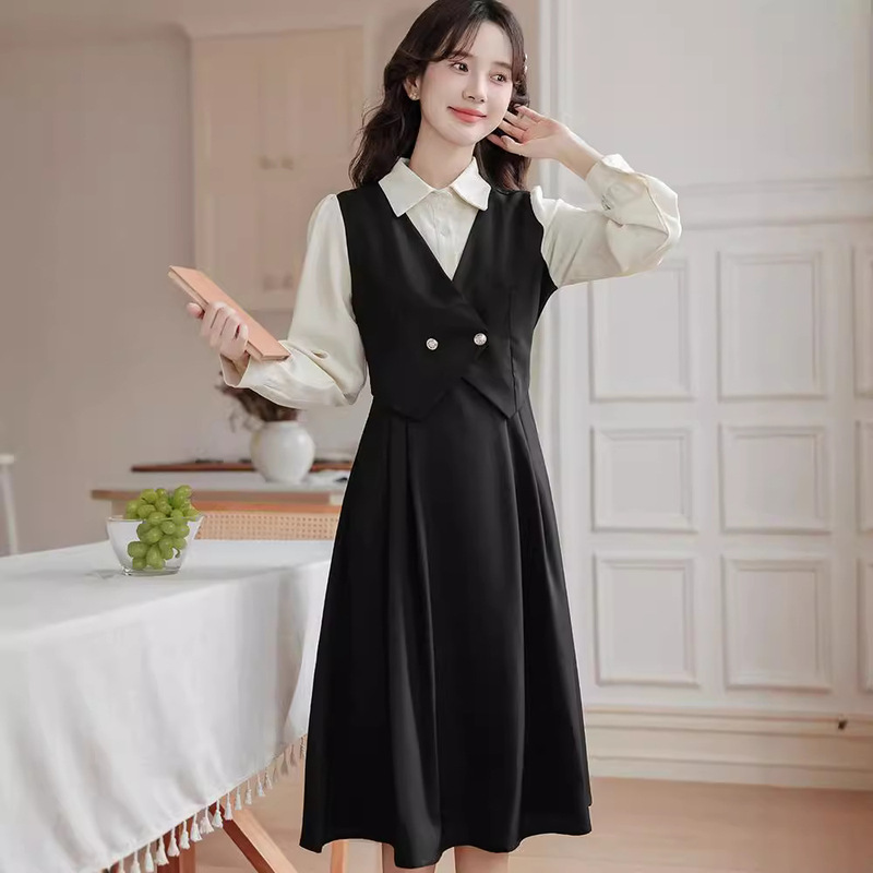 Formal occasion UGC interview wear dress women's clothing 2024 autumn new fake two lapel long skirt