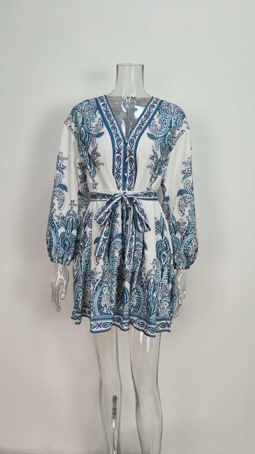 Women Clothing Elegant Fashionable V neck Printed Puff Sleeve Dress