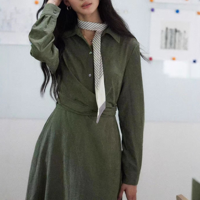 Er Yang Design [Qing Shu] Intellectual Style Retro Green Shirt Dress for Women with an Artistic Waist-Cinching Long Dress