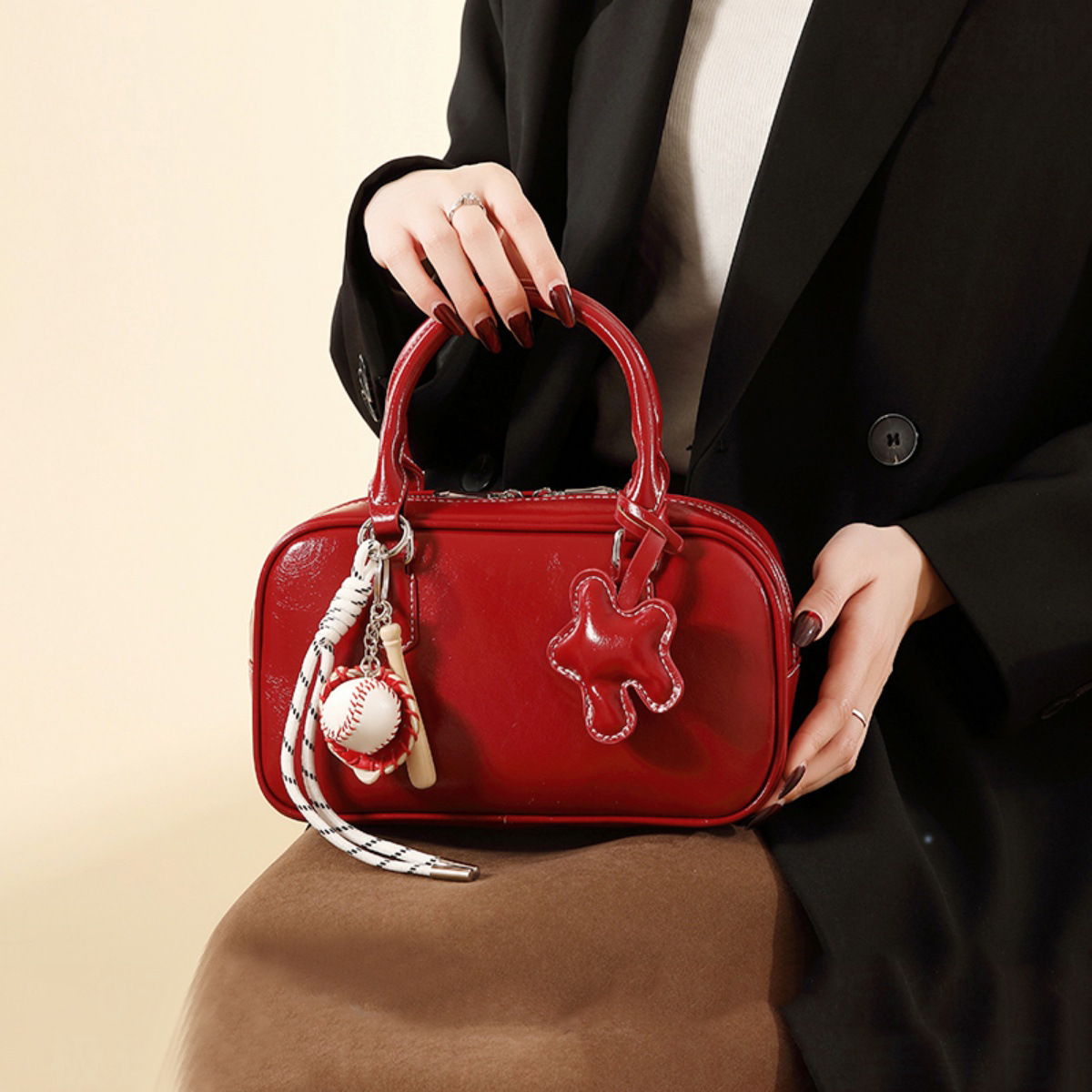 Red Bridal Wedding Bag Niche Design Bowling Bag For Women 2025 New Retro Handbag Simple Commuter Style - Thumbnail 4