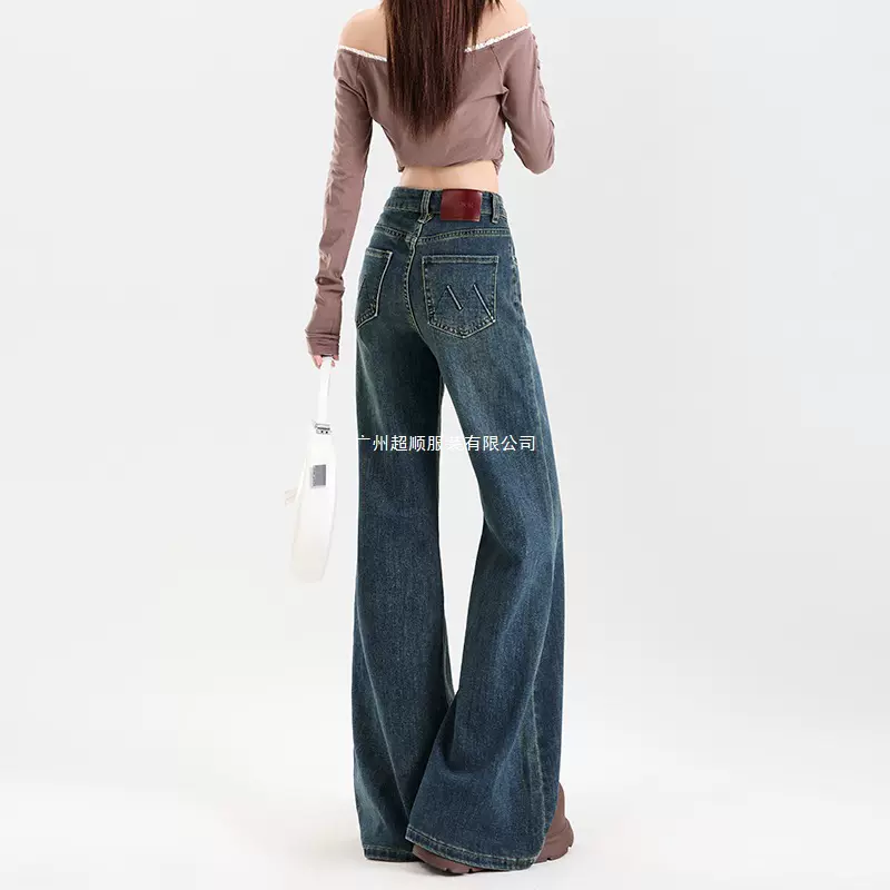 新塘工厂直销复古高腰弹力微喇叭牛仔裤女2025新款修身不潮流新品