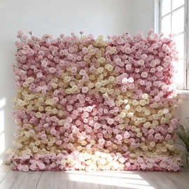 跨境仿真布底花墙定制香槟玫瑰3D粉色婚礼婚纱照相亭道具装饰