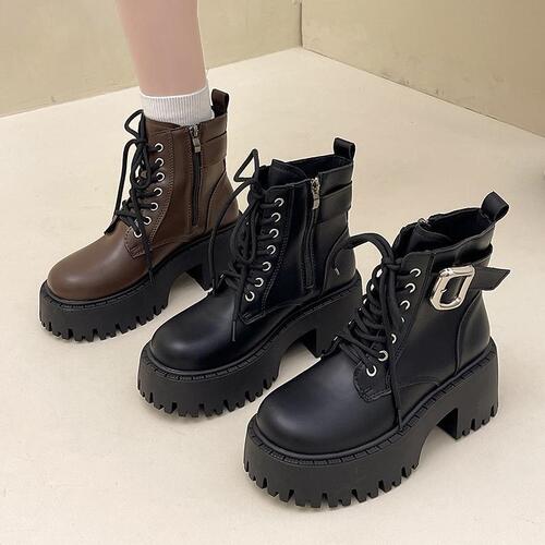Women's Brown Fall/Winter Ukulele Style Thick Sole Short Boots with High Heels