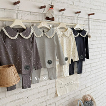 女童内衣套25秋新款甜美翻领家居服88052条纹绣花打底杉打底裤