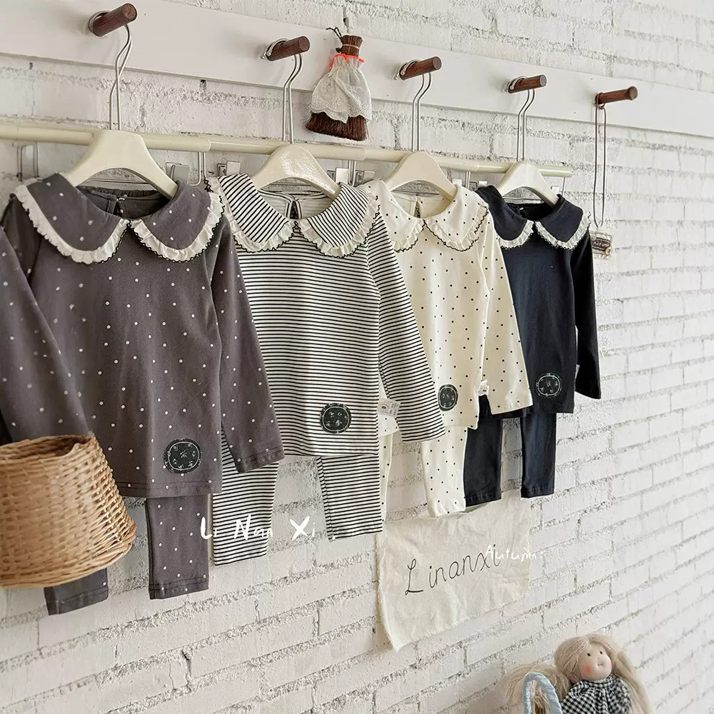 女童内衣套26春新款甜美翻领家居服88052条纹绣花打底杉打底裤