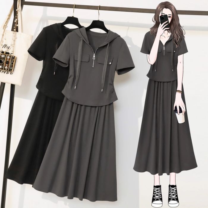 大きいサイズmm夏服、ファッショナブルでスリムなmmスーツ、レディース夏用フード付き半袖Tシャツ、ハイウエストスカート2枚|undefined