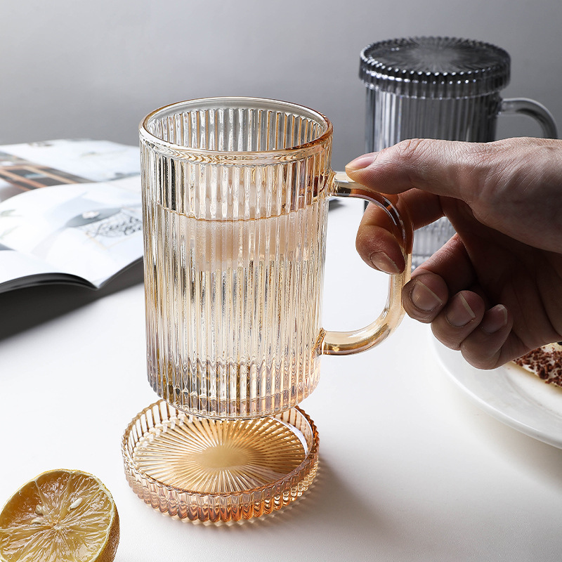 Inswind vertical taza de vidrio con tapa mango taza de menú taza de agua de alto valor de cara taza de desayuno de leche taza de bebida