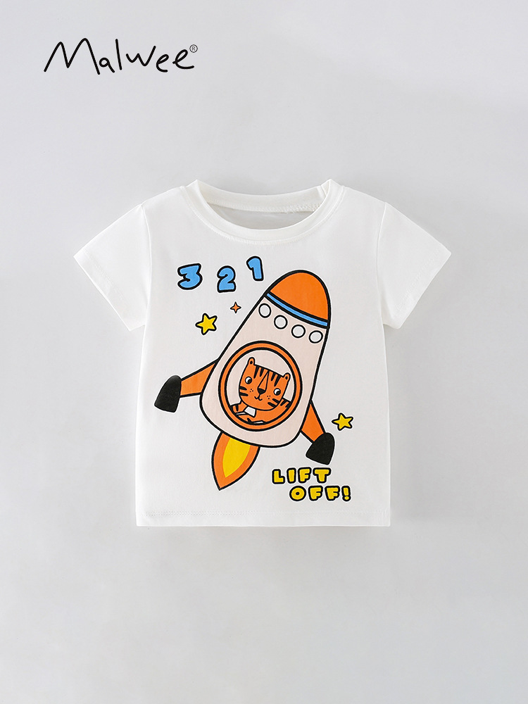 Malwee Verano de manga corta para niños nuevos europeos y americanos casual impreso guapo cuello redondo camisa camiseta para niños