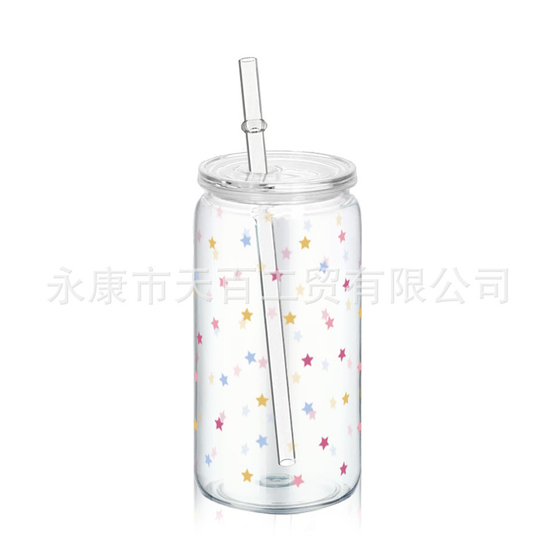印花易拉罐造型可乐杯单层塑料吸管梅森杯子带盖网红饮料果汁水杯|undefined