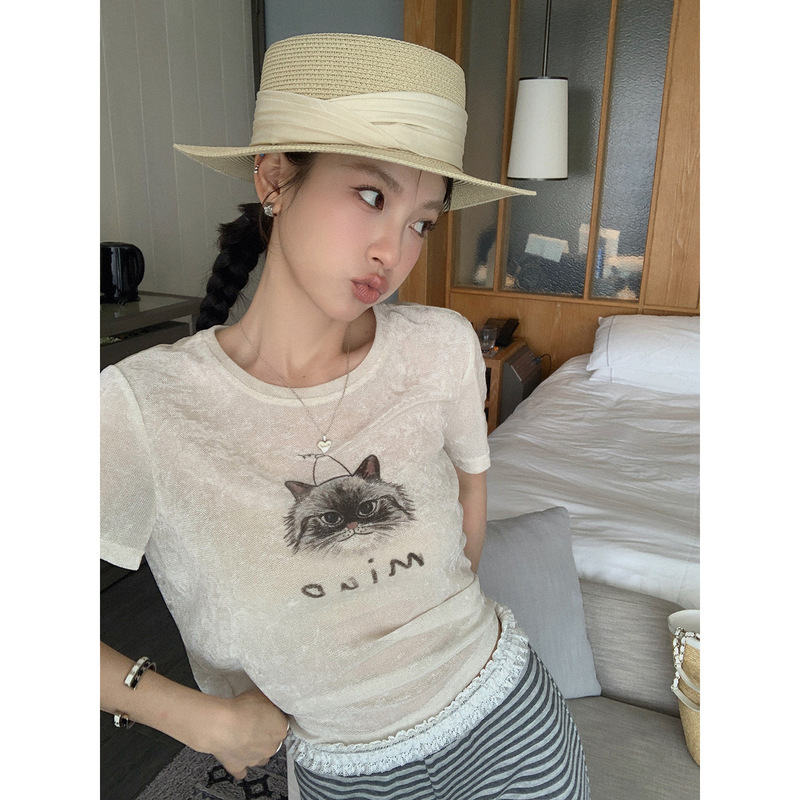 4931 # Zhang Beibei Ibell Flocked Blended Fabric Hand-Painted Cute Youthful Cat Print Loose Round Neck Short-Sleeve Tee 4931 # Zhang Beibei Ibell Flocked Blended Fabric Hand-Painted Cute Youthful Cat Print Loose Round Neck Short-Sleeve Tee