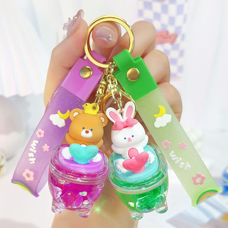Oil mermaid bathtub liquid quicksand bottle key chain I love bath bear key chain couple bag pendant