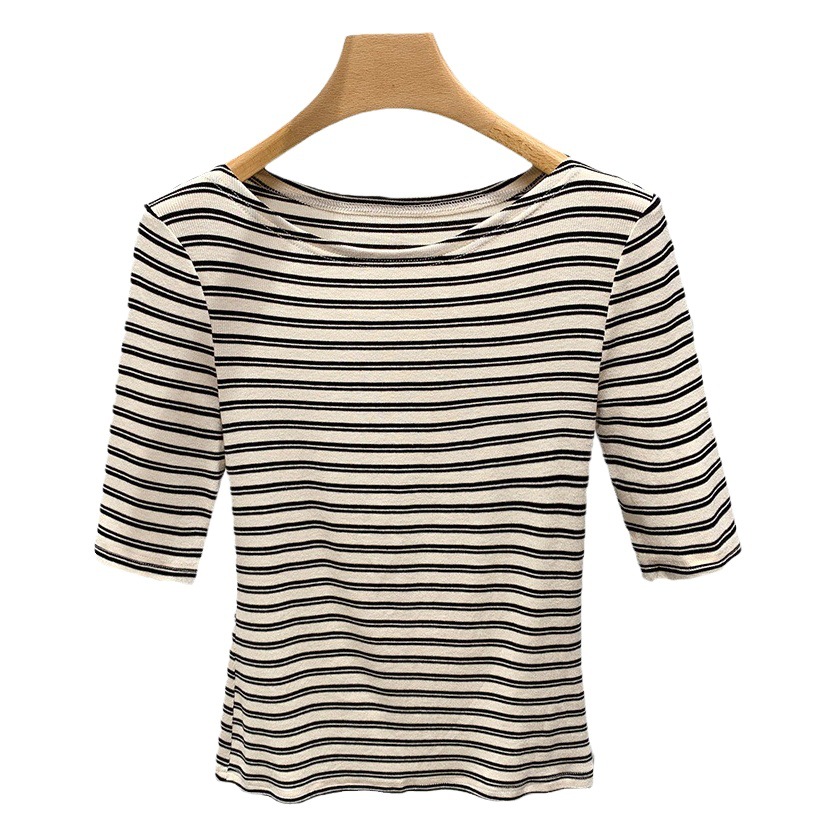 Camiseta de manga media de las mujeres 2023 nueva ropa de mujer europea clásica camiseta de media manga a rayas temperamento fuera del hombro cintura superior