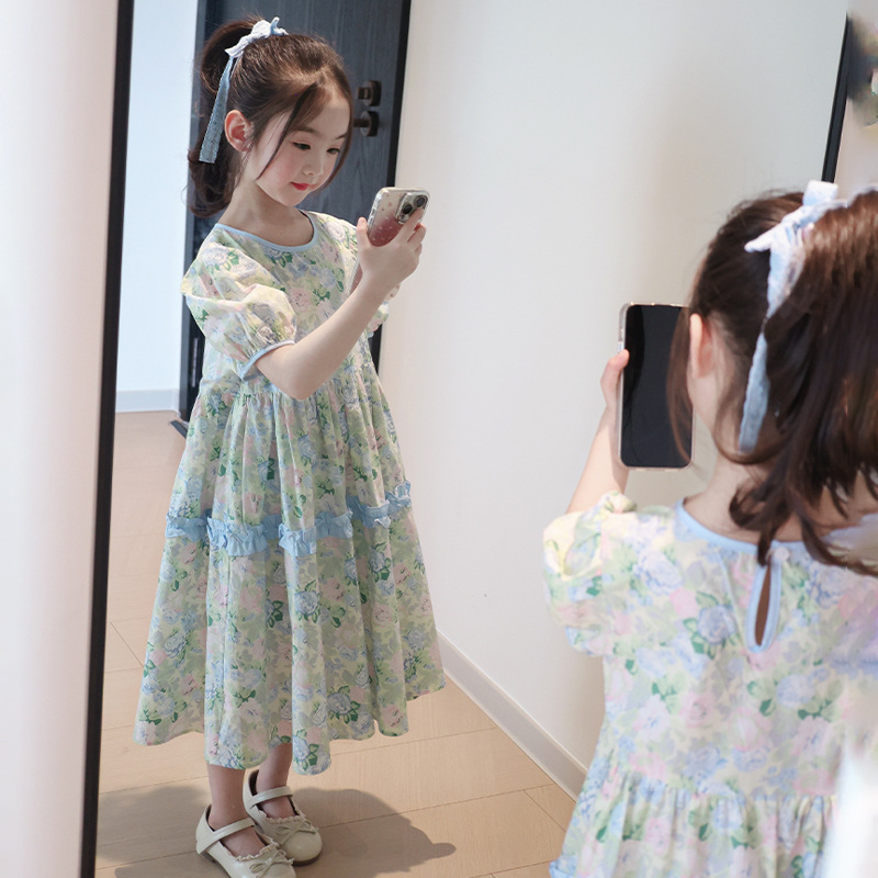Puff Sleeve Girl's dress 2025 New Style Children's Skirt Summer Little Girl's Pure Cotton Floral Princess Skirt