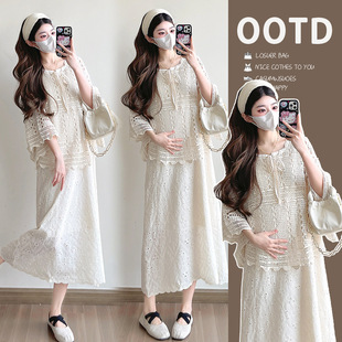 2025 early spring new maternity lace vest skirt + knitted hooded blouse lazy pregnant women suit