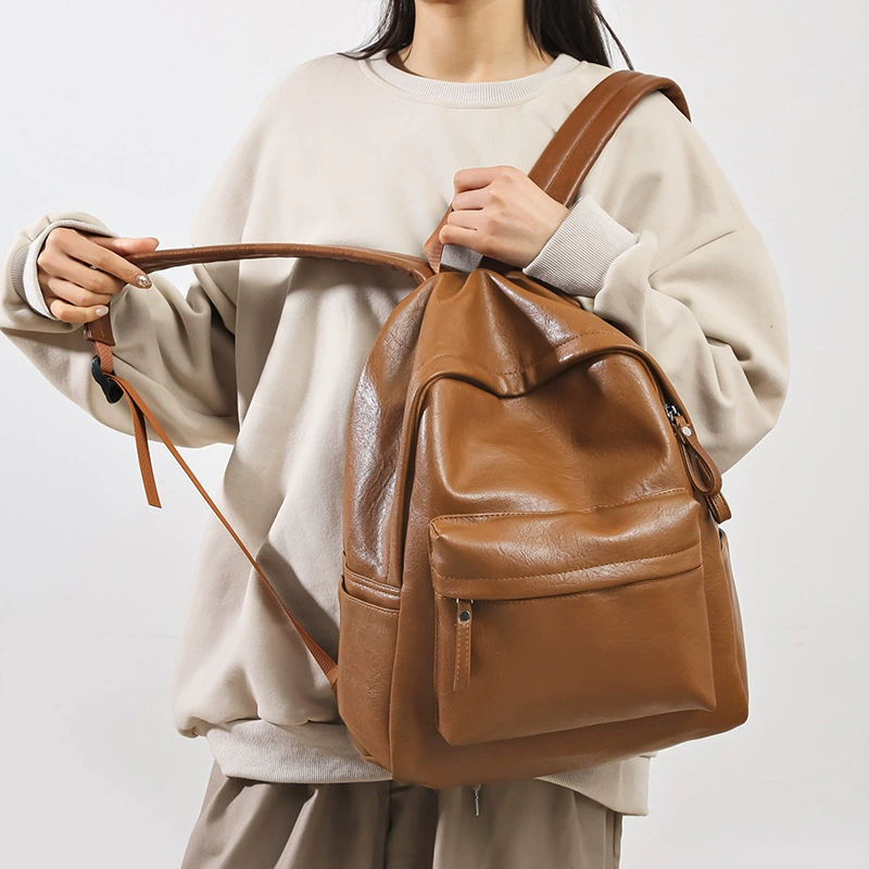 Трансграничный кожаный однотонный Ретро Универсальный простой рюкзак, повседневный Модный Дорожный рюкзак большой емкости