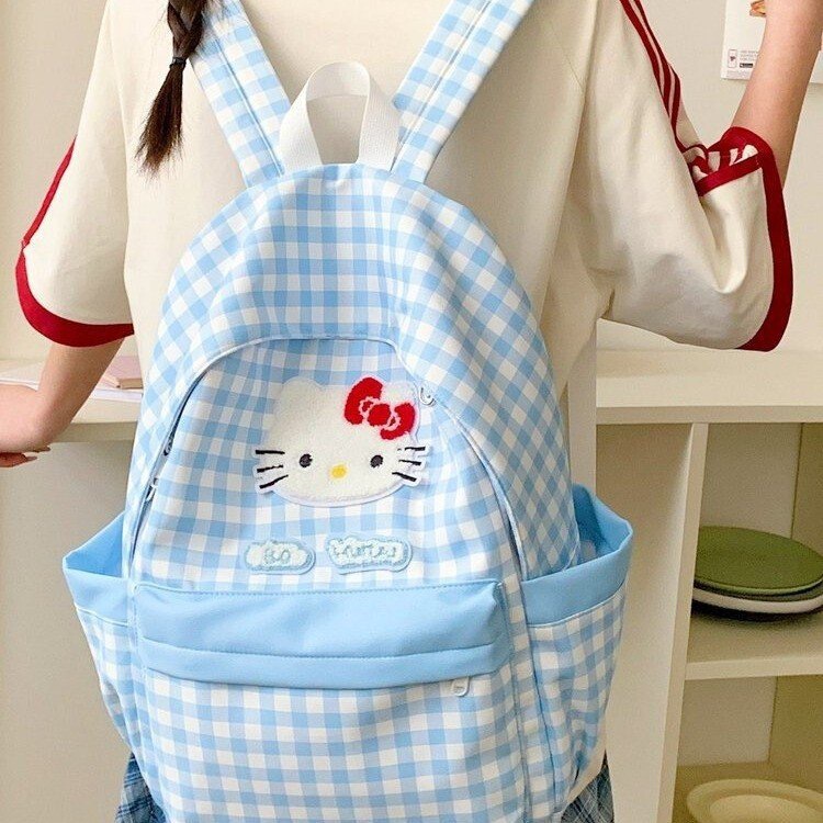 Fresh Blue Checkered Hello Kitty Backpack for Female Students, Large Capacity, Cute Cartoon School Bag, Ins-Style Campus Backpack Fresh Blue Checkered Hello Kitty Backpack for Female Students, Large Capacity, Cute Cartoon School Bag, Ins-Style Campus Backpack