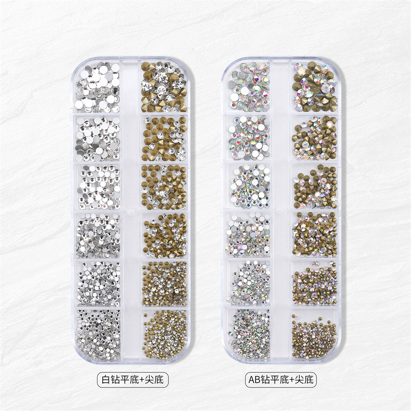 Caja larga de 12 cuadros para uñas y joyas de diamantes de imitación fondo plano plano transparente diamante AB manicura mezcla de diamantes decoración de diamantes de uñas