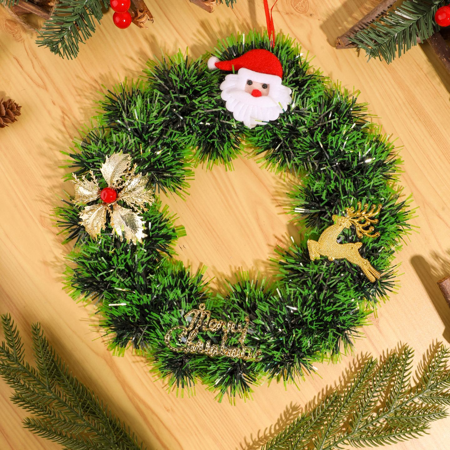 New cross-border Christmas wreath, Christmas artificial greenery, Christmas decoration supplies, tinsel Christmas vine wreath pendant