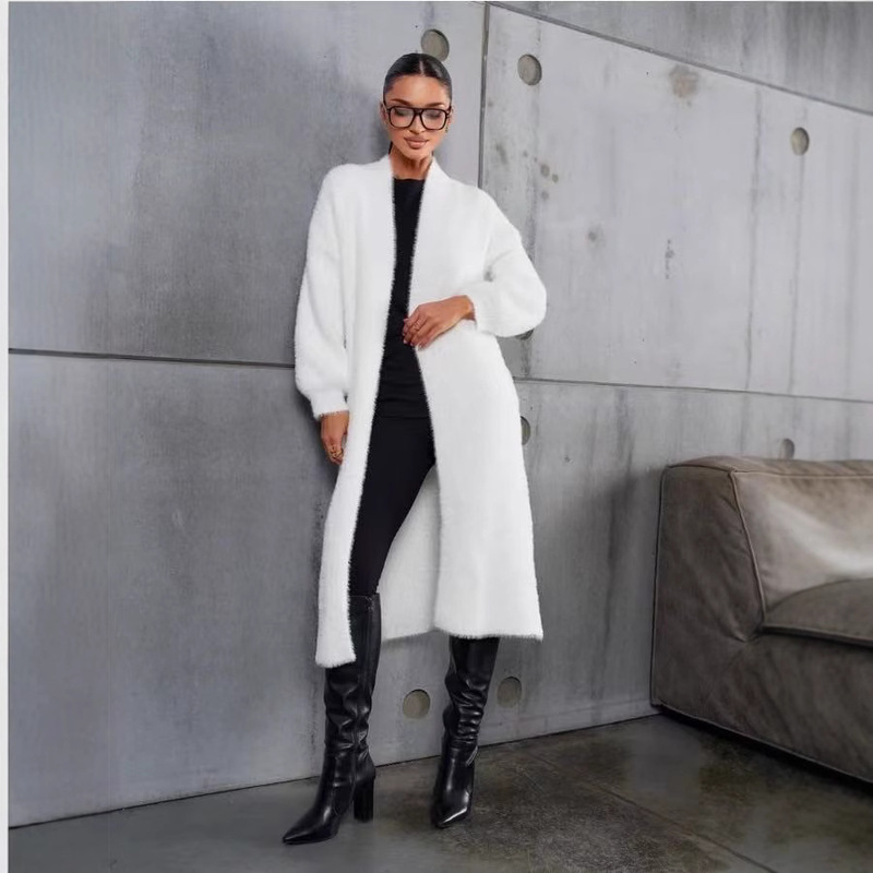 Cross-Border Imitation Mink White Knitwear Cardigan Outwear Women's Autumn and Winter Loose Plush Fluffy Long Cardigan