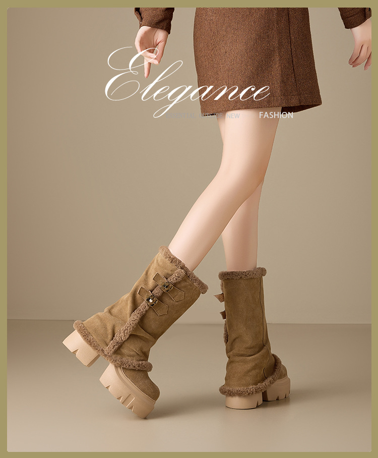 Boot nữ cổ cao ôm bắp chân, đế dày tăng chiều cao 12 cm, lót lông ấm, chất liệu cotton dày màu kaki — nhung đen chi tiết 1