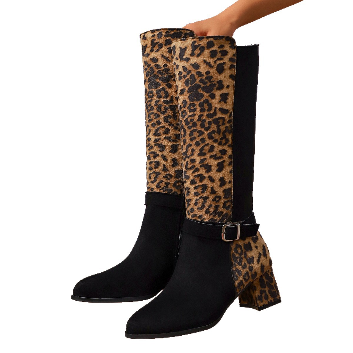 Modische Stiefeletten mit Leopardenmuster, spitzer Zehenpartie und mittelhohem Absatz für Damen, klobiger Winterstil, auch in Übergrößen, mit Gürtelschnalle._voghion.com