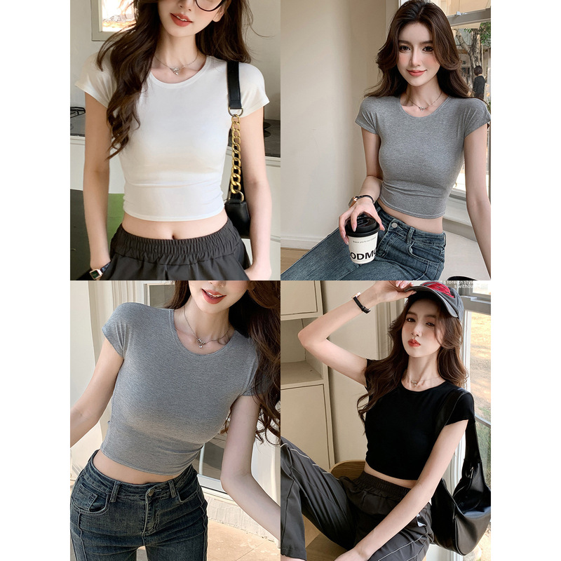 Southeast Asian Slim-Fitting Navel-Baring Short-Sleeved Tops with Simple Design, Summer Feel, Casual and Versatile Short T-Shirts for Women, New Hot Girls