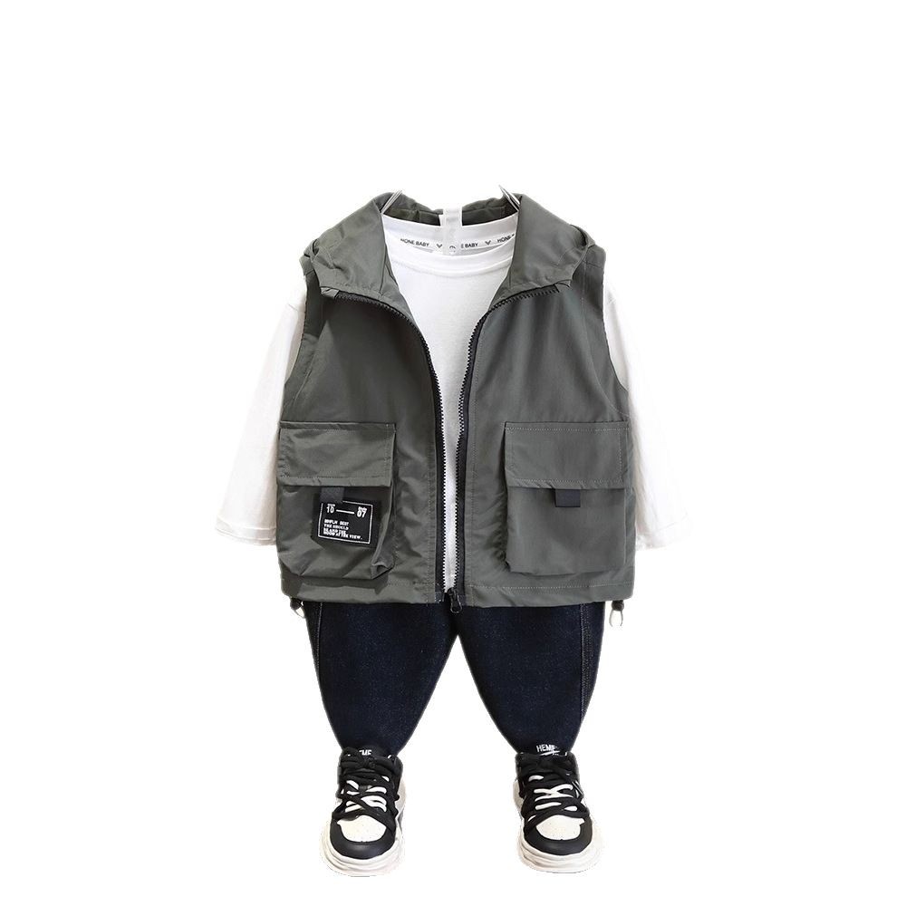 7527 Chaleco para niños Primavera para niños Chaqueta sin mangas con capucha delgada 2025 Nuevo estilo de primavera y otoño Tops casuales Trendy
