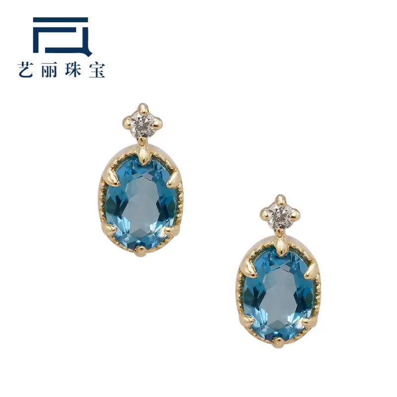 艺丽珠宝 10K金 天然伦敦蓝托帕石 戒指 女耳钉 精致轻奢耳饰定制