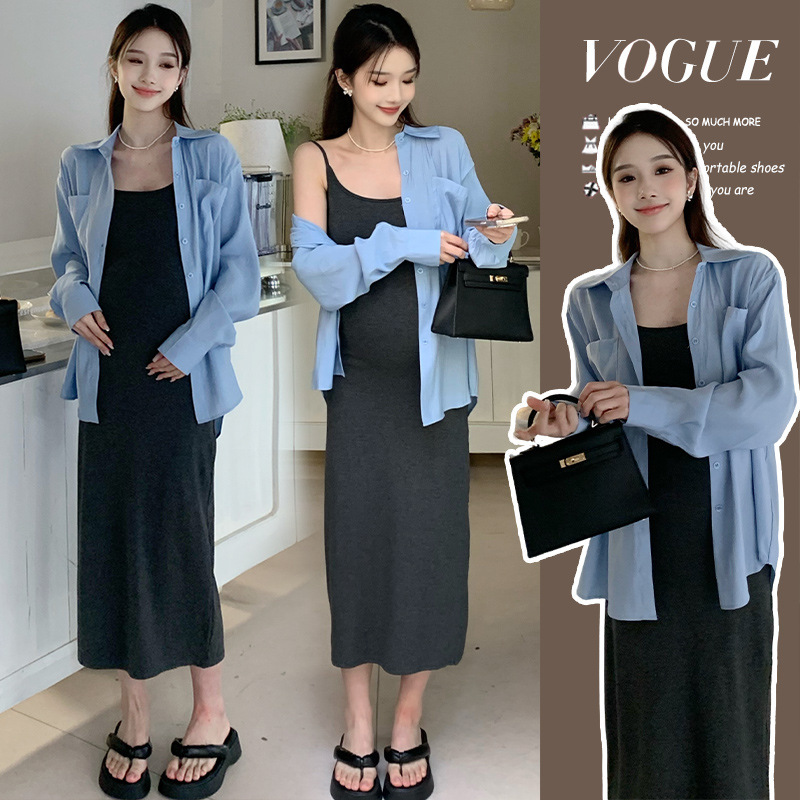 Real Shot of Large Goods at Special Price ~ Spring and Summer Maternity Suit Dress + Lazy Sunscreen Shirt Suspender Skirt Two-Piece Set