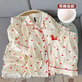 卡通可爱风网红新款云朵棉短袖三件套睡衣女开衫带胸垫少女家居服