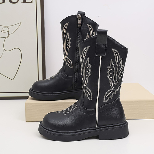 Children's Martin Boots 2025 Autumn New Embroidered Retro Boots for Girls Soft Sole Chelsea Mid-Center Boots