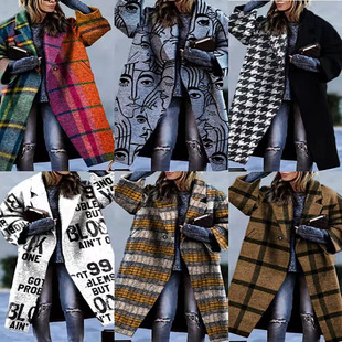 2023 Cross-Border New European and American Autumn Export Women's Clothing Amazon Long-Sleeved Lapel Jacket Printed Woolen Large Size Windbreaker
