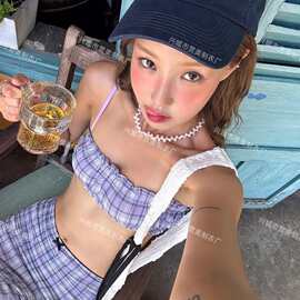 韩国ins小众紫色美式复古格纹褶皱抹胸吊带分体泳衣女+半身度假裙