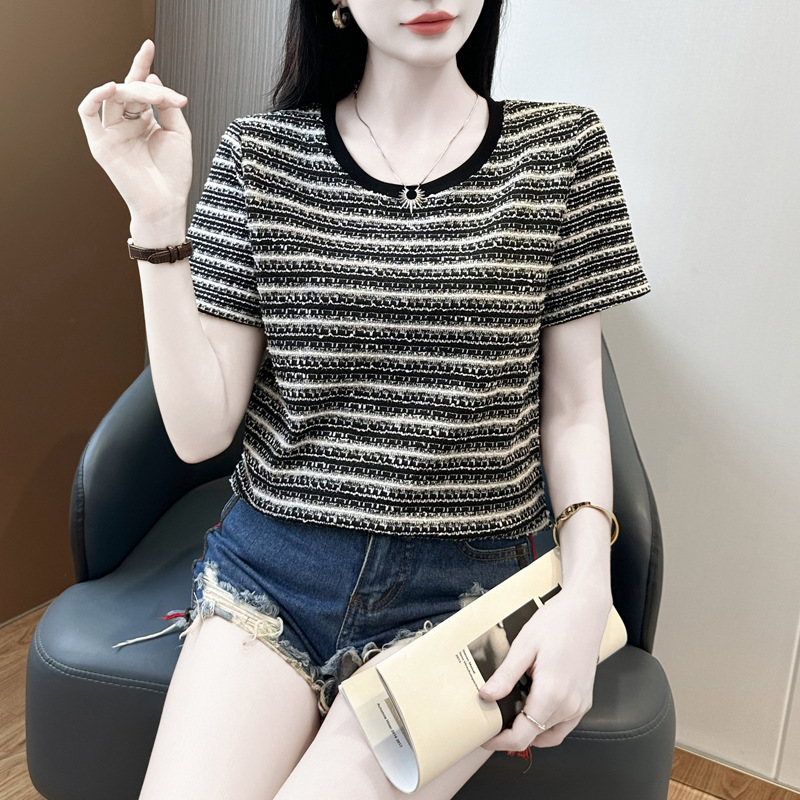 207~短袖T恤女夏季美式条纹短款圆领韩版休闲上衣|undefined