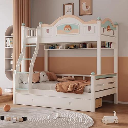 All solid wood small apartment double bed children's bed home bedroom high and low bed cute cartoon ladder up and down bed