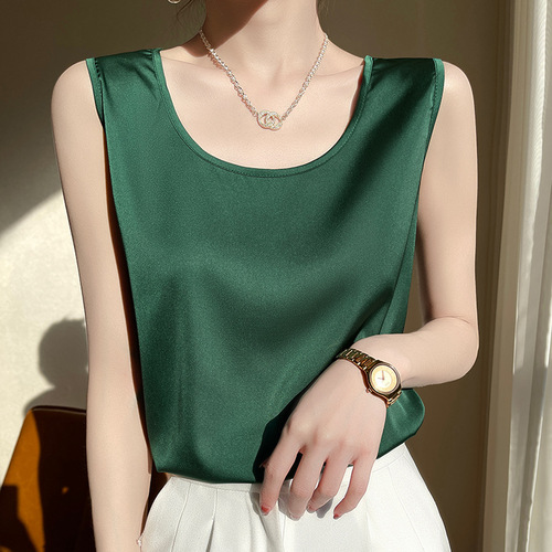 Spring and summer satin mulberry silk glossy wide shoulder suspenders round neck sleeveless vest women's inner layering shirt foreign trade wholesale