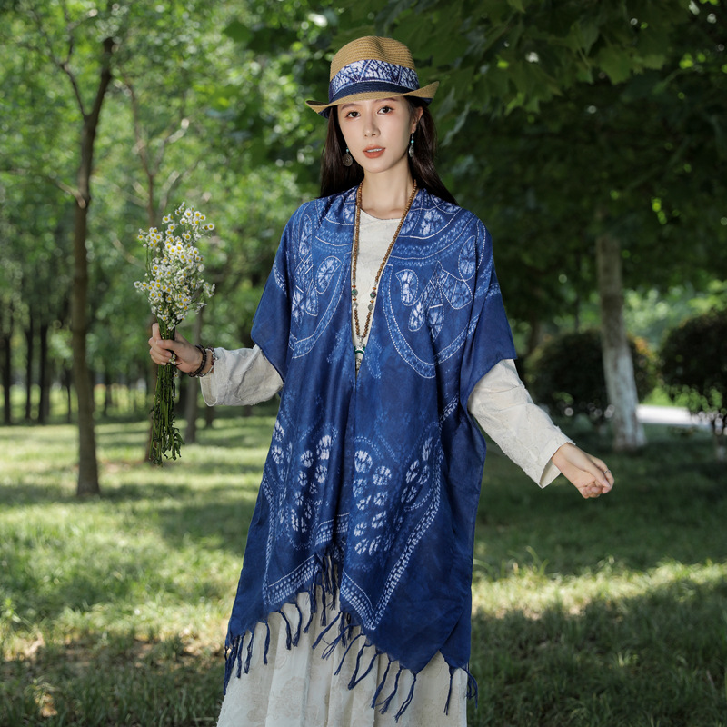 Viento popular verano sol tie-dye bufanda Yunnan Dali turismo decorativo chal de algodón y lino se sienten fuera de Cardigan