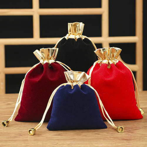 Factory wholesale gold-mouthed velvet drawstring pouches for red jewelry and accessories, gift packaging bags