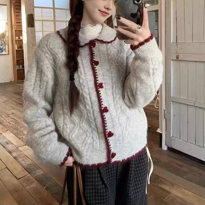 学院风娃娃领针织开衫女秋冬季穿搭宽松软糯长袖毛衣外套内搭上衣